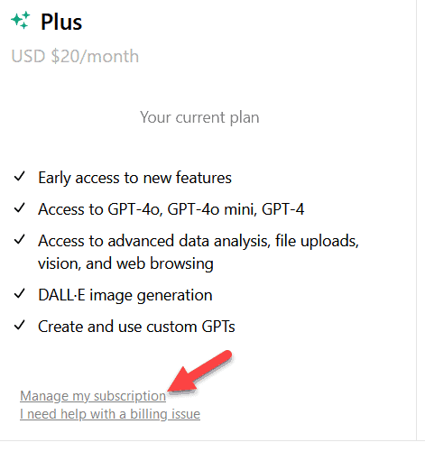 Скриншот страницы управления подпиской на сайте OpenAI