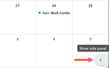 Стрелка для показа боковой панели в Google Календаре