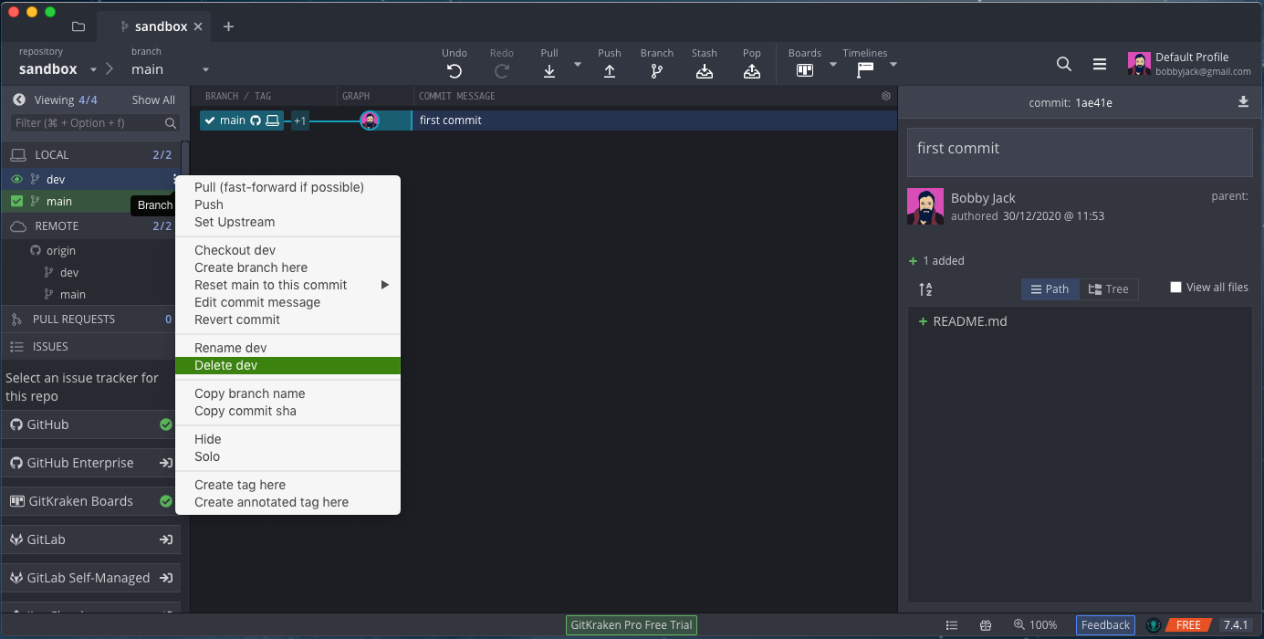 Удаление локальной ветки в GitKraken