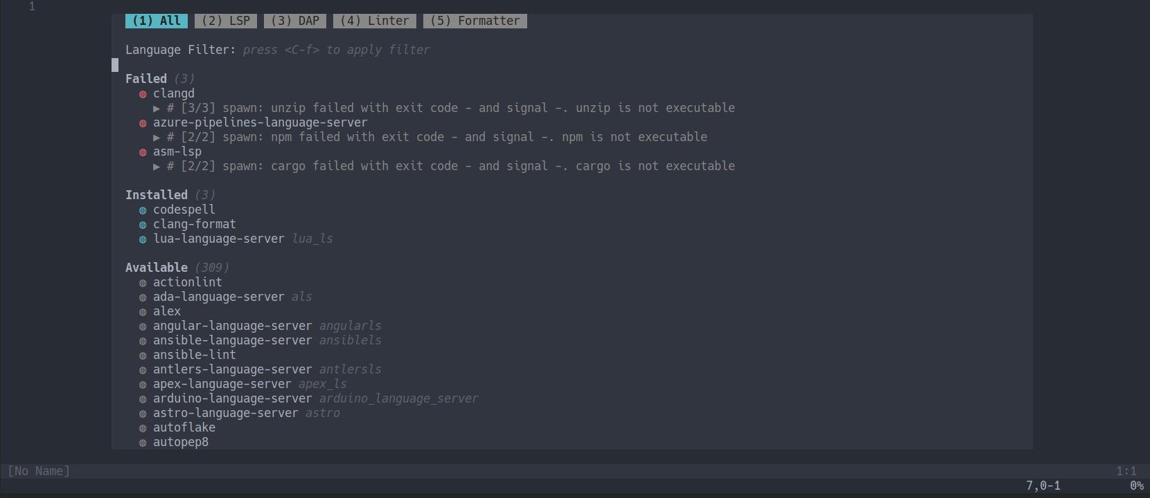 Установка LSP-серверов с помощью Mason