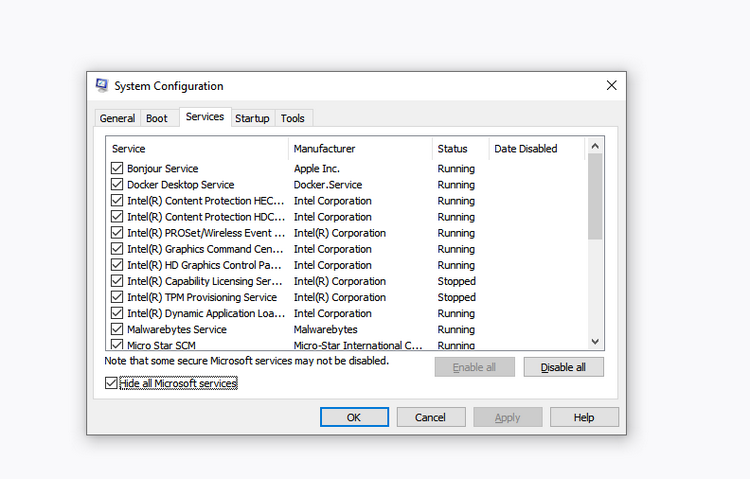 Запуск конфигурации системы в Windows 10
