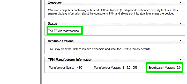 Console TPM.msc che mostra Status e Specification Version 2.0