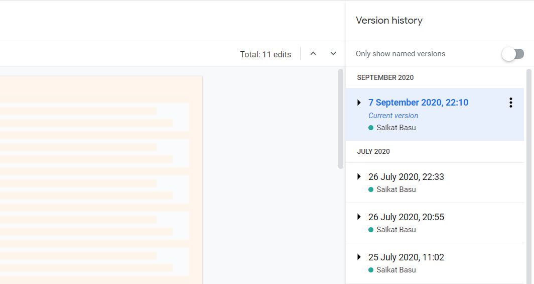 Число внесённых правок в Google Docs