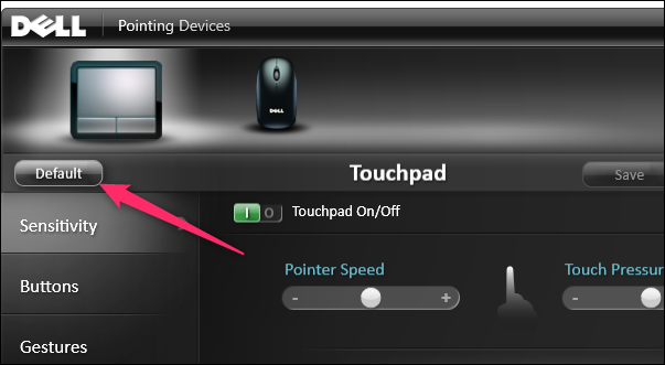 Кнопка сброса настроек в утилите производителя