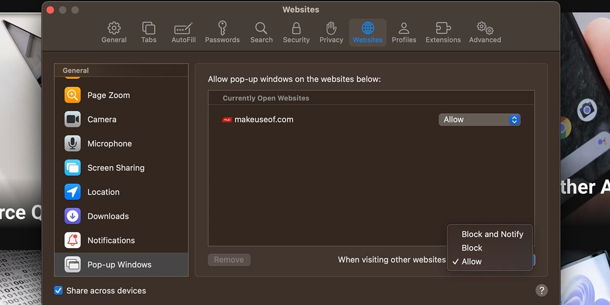 постоянное разрешение всплывающих окон в настройках Safari