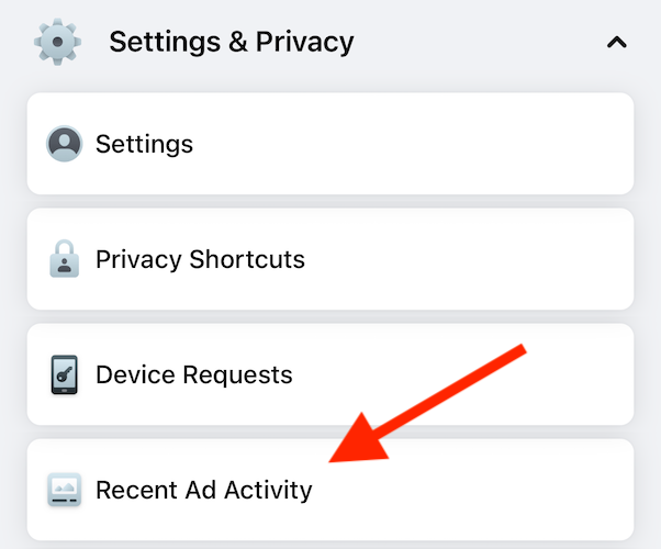 Нажмите «Недавняя активность рекламы»
