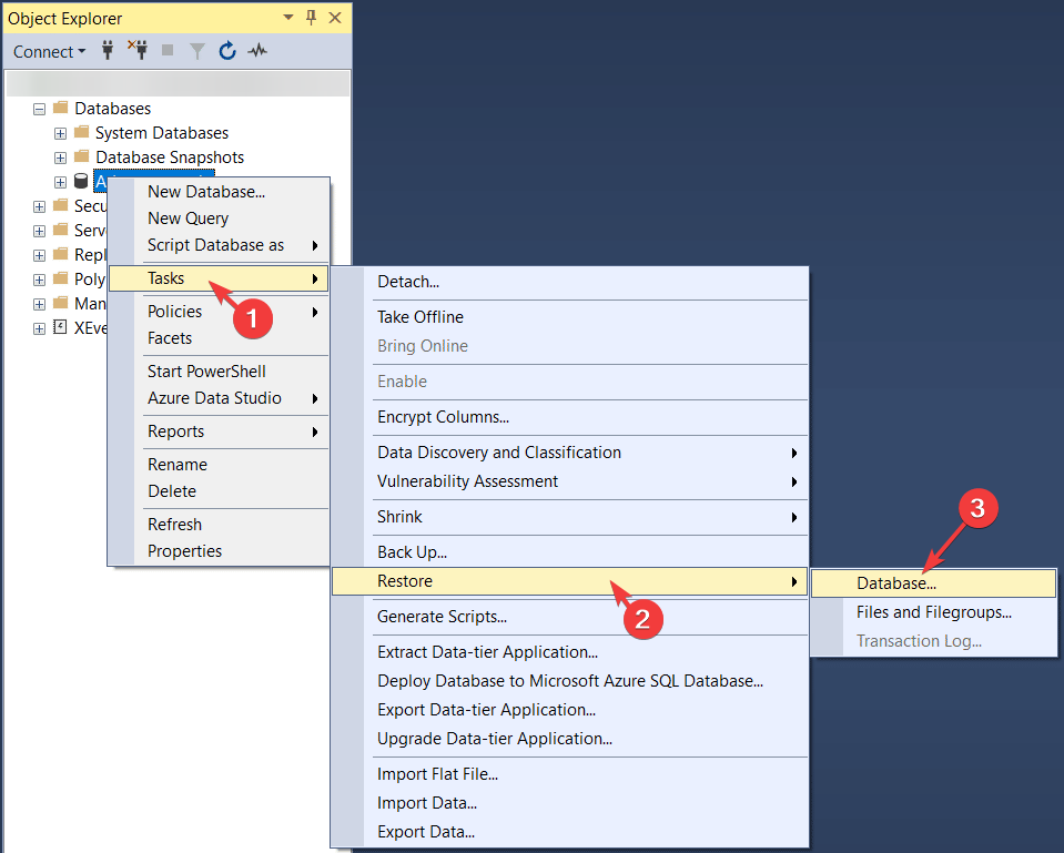 Меню Tasks в SSMS с пунктом Restore Database