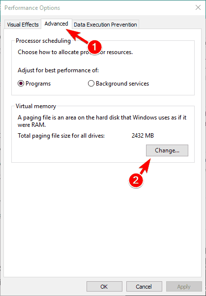 Параметры быстродействия: изменить виртуальную память