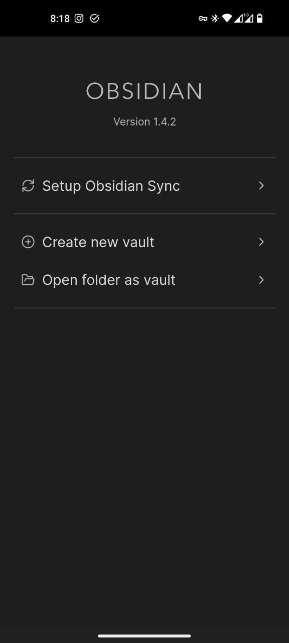 Obsidian startup screen on Android
