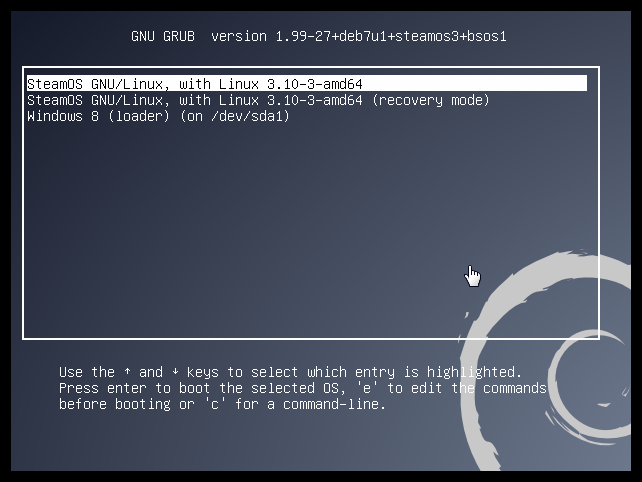 Меню dual‑boot SteamOS и Windows
