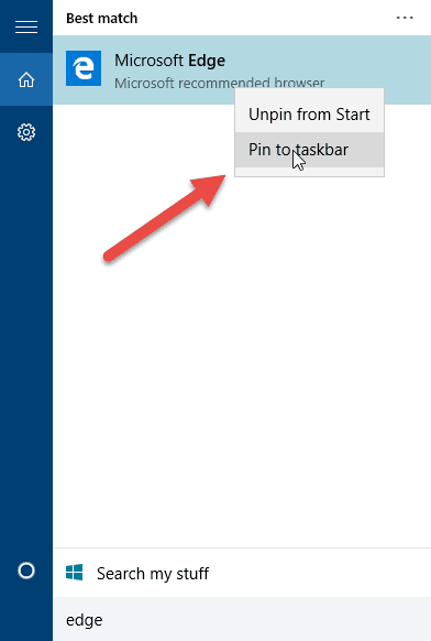 Поиск Microsoft Edge в меню Пуск