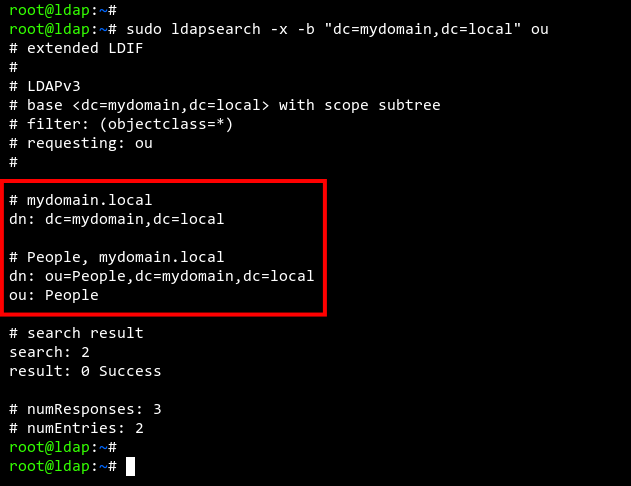 Скриншот вывода ldapsearch, показывающий OU People