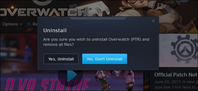 Скриншот опции удаления игры в Battle.net для PTR