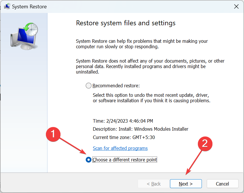 Выбор точки восстановления