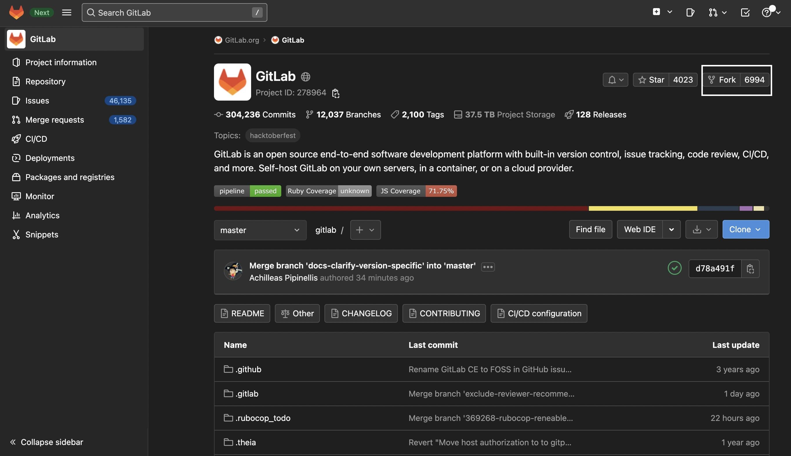 Кнопка Fork выделена на странице проекта GitLab