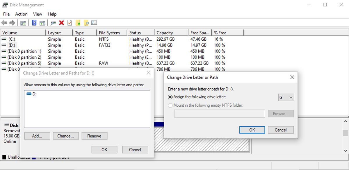 Окно изменения буквы диска в Windows
