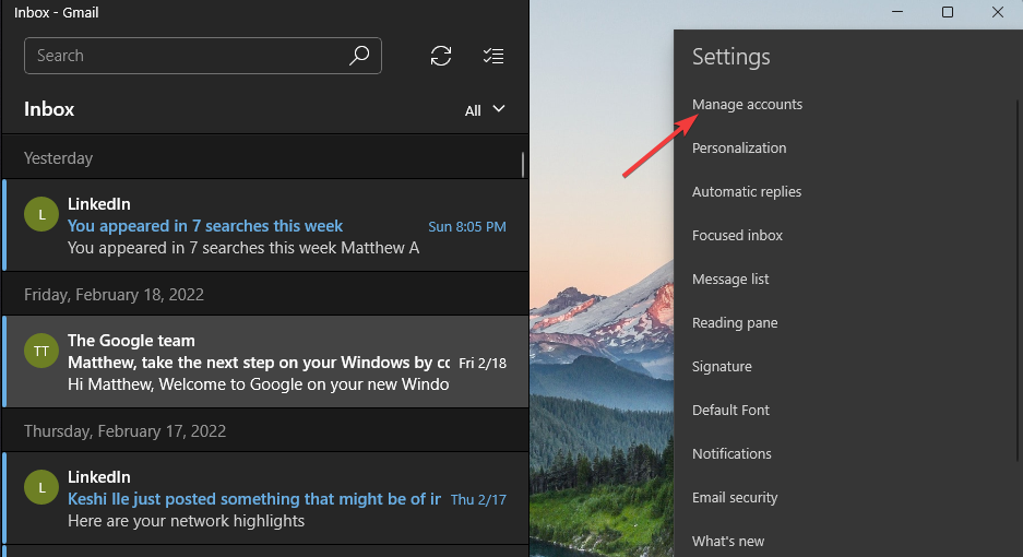 Опция Управление учётными записями