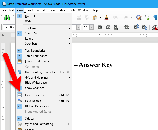 Пункт меню Вид с включенным затенением полей