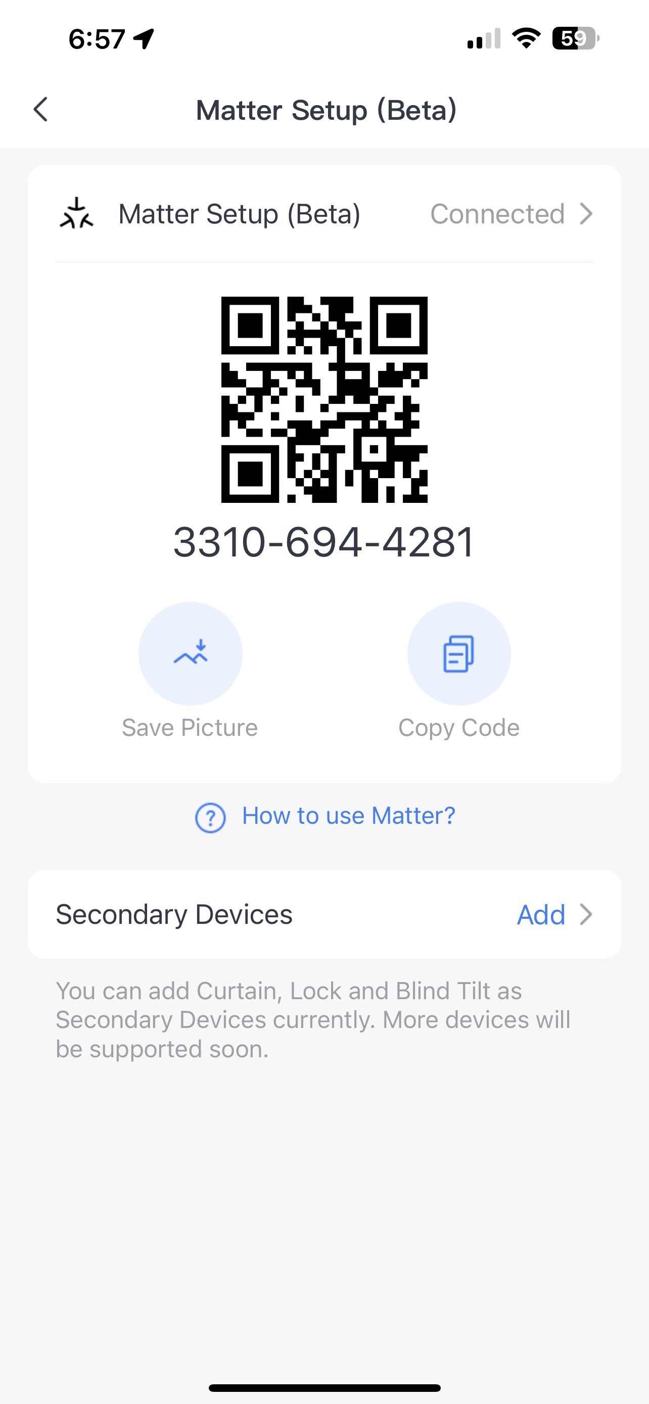 Экран Matter настройки в SwitchBot iOS