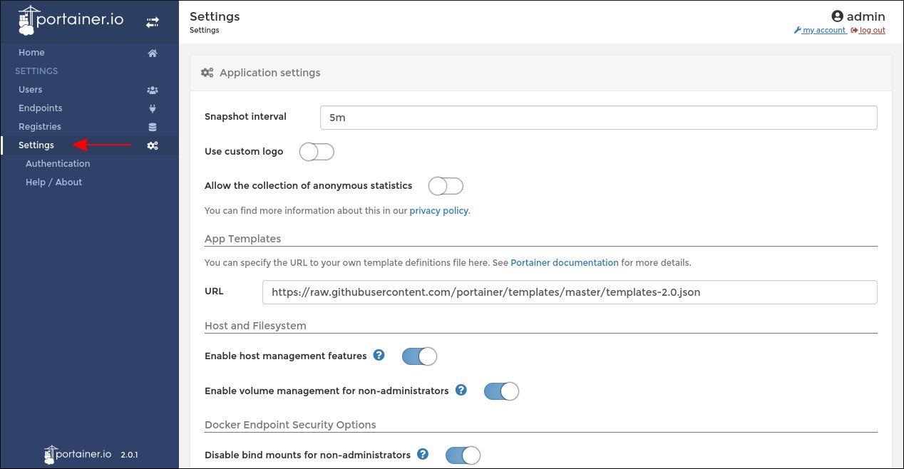 Экран настроек Portainer