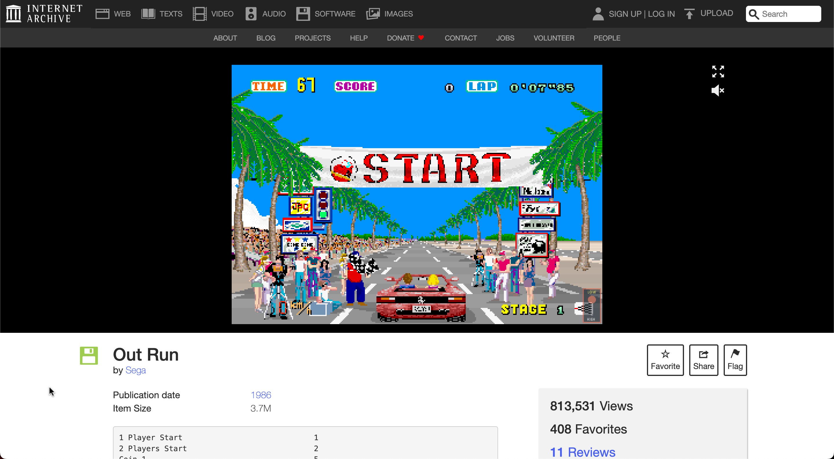 Коллекция Internet Archive с игрой Outrun на экране.