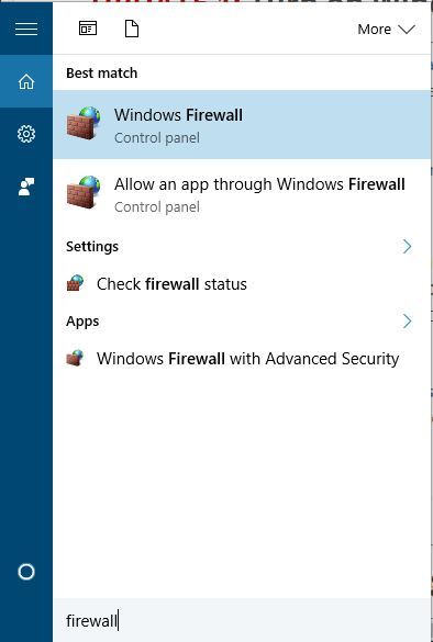 Окно настройки брандмауэра Windows