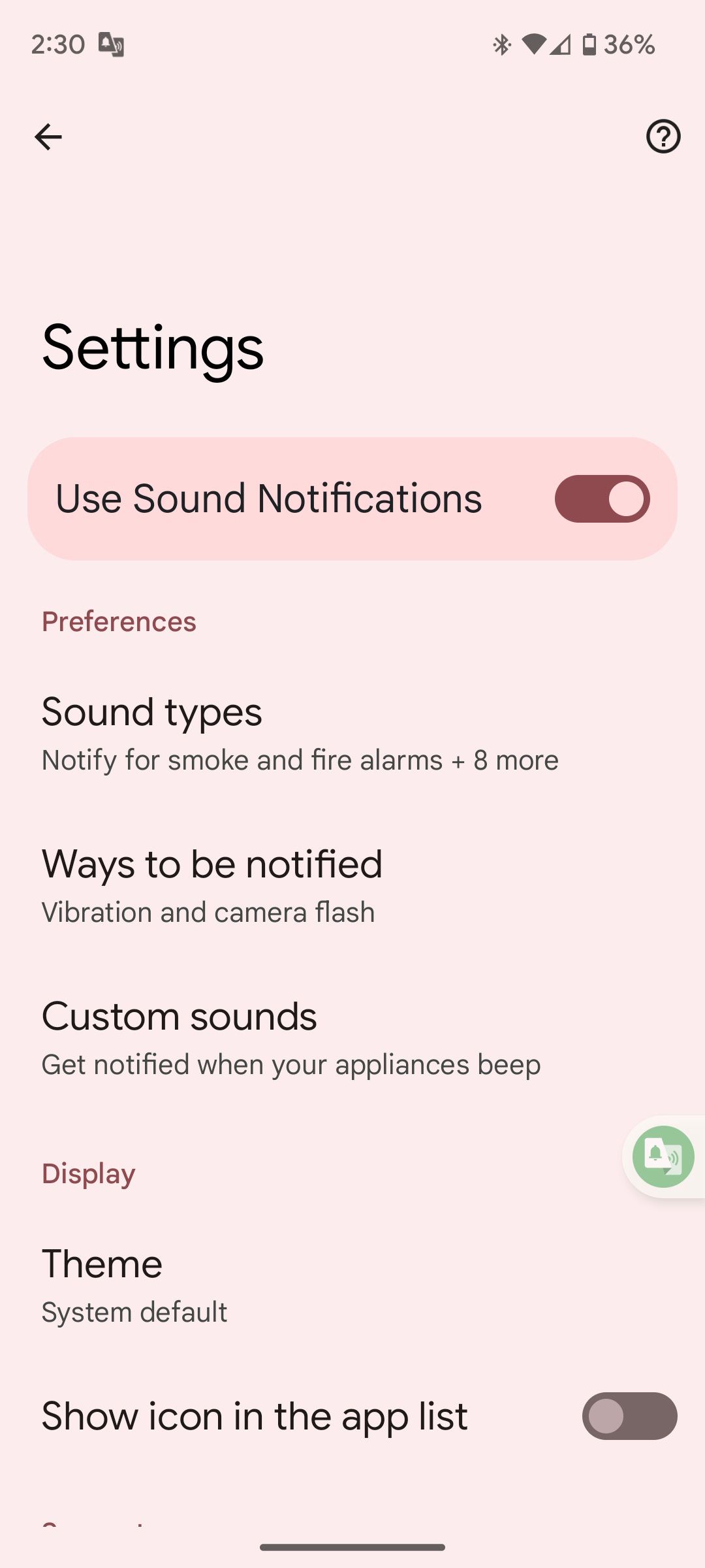 Страница настроек уведомлений Sound Notifications