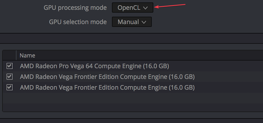 Выбор OpenCL или Metal в списке режимов GPU