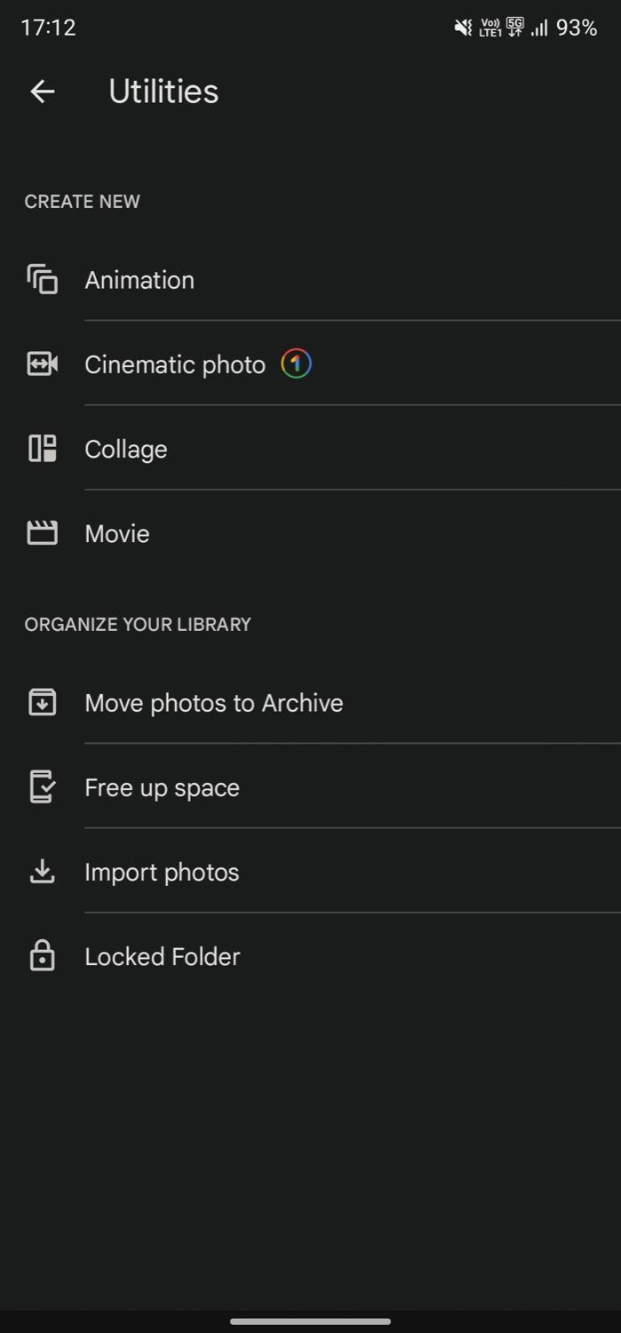 Страница утилит Google Photos