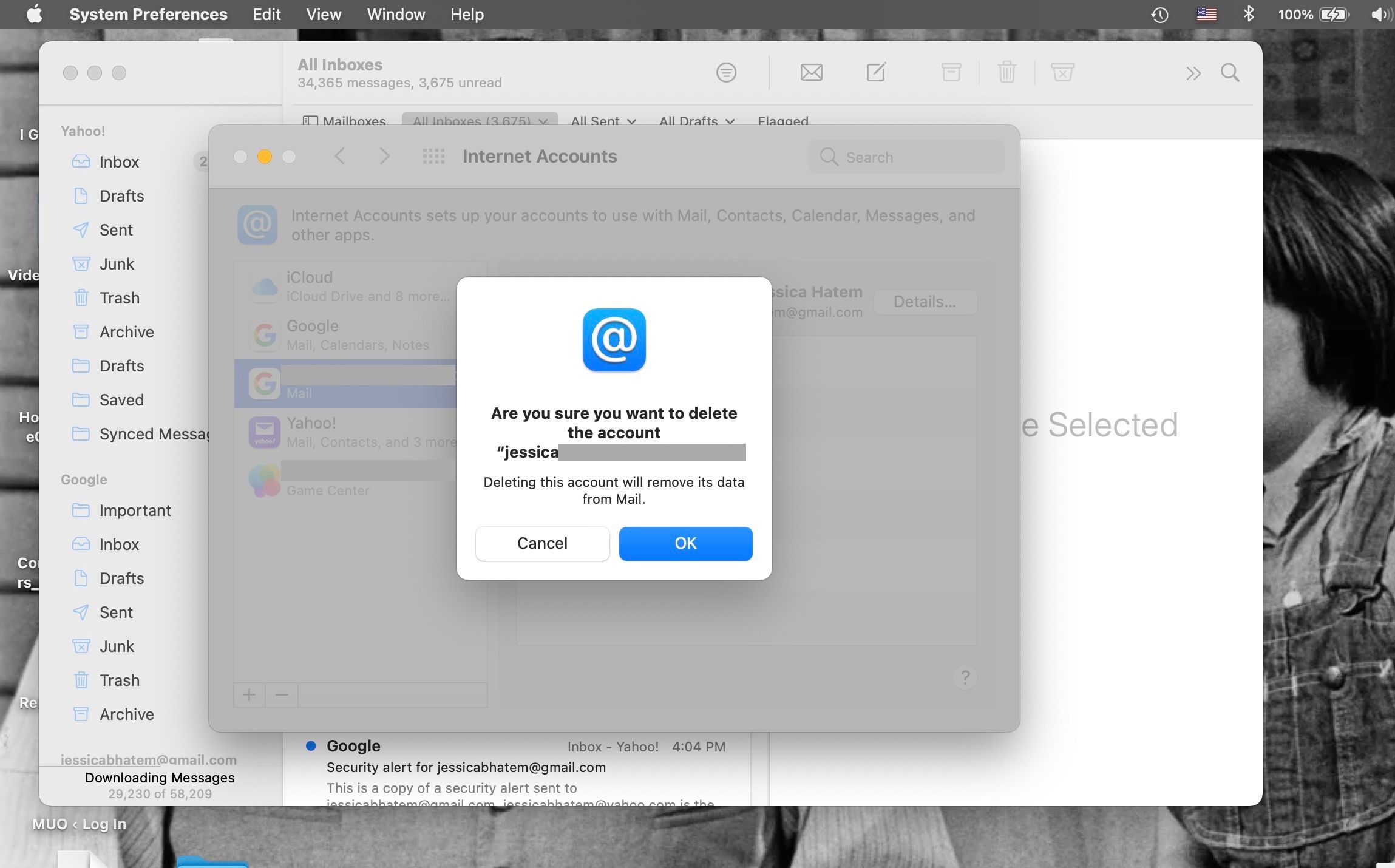 Подтверждение удаления интернет-аккаунта в Системных настройках Mac