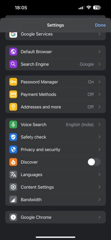 Страница настроек Chrome с пунктами контента
