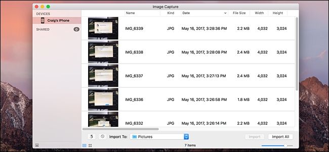 Список фотографий и EXIF в Image Capture