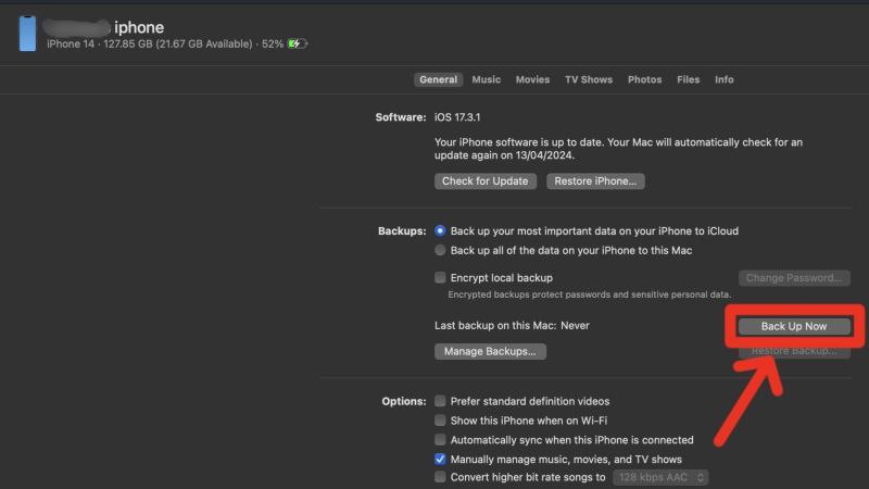 Создание резервной копии iPhone перед экспортом