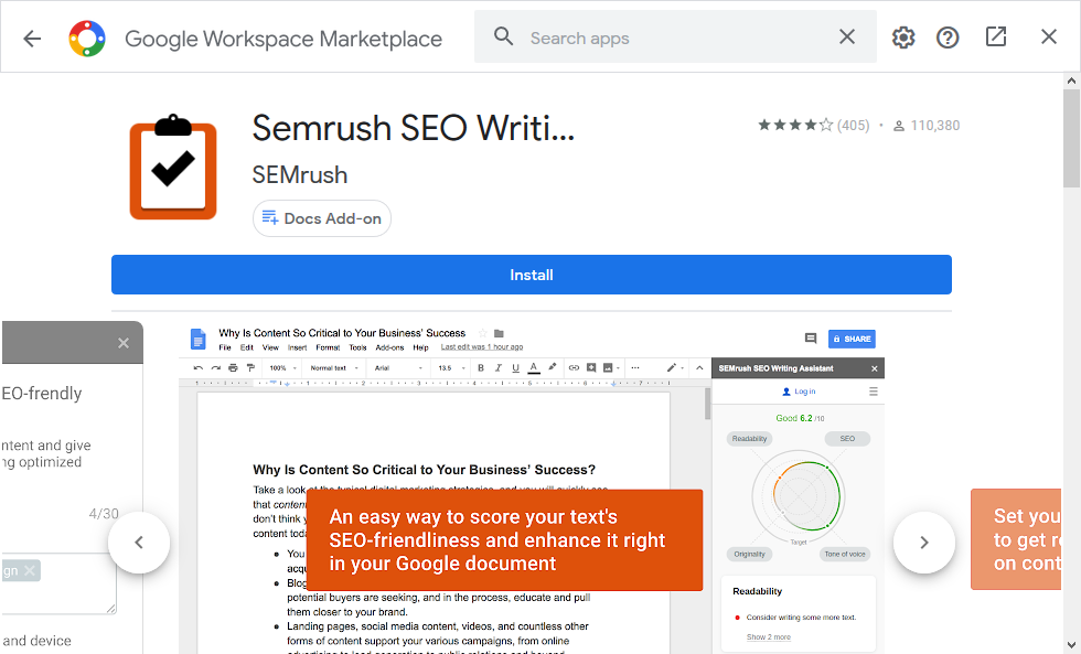 Страница установки дополнения в Google Marketplace