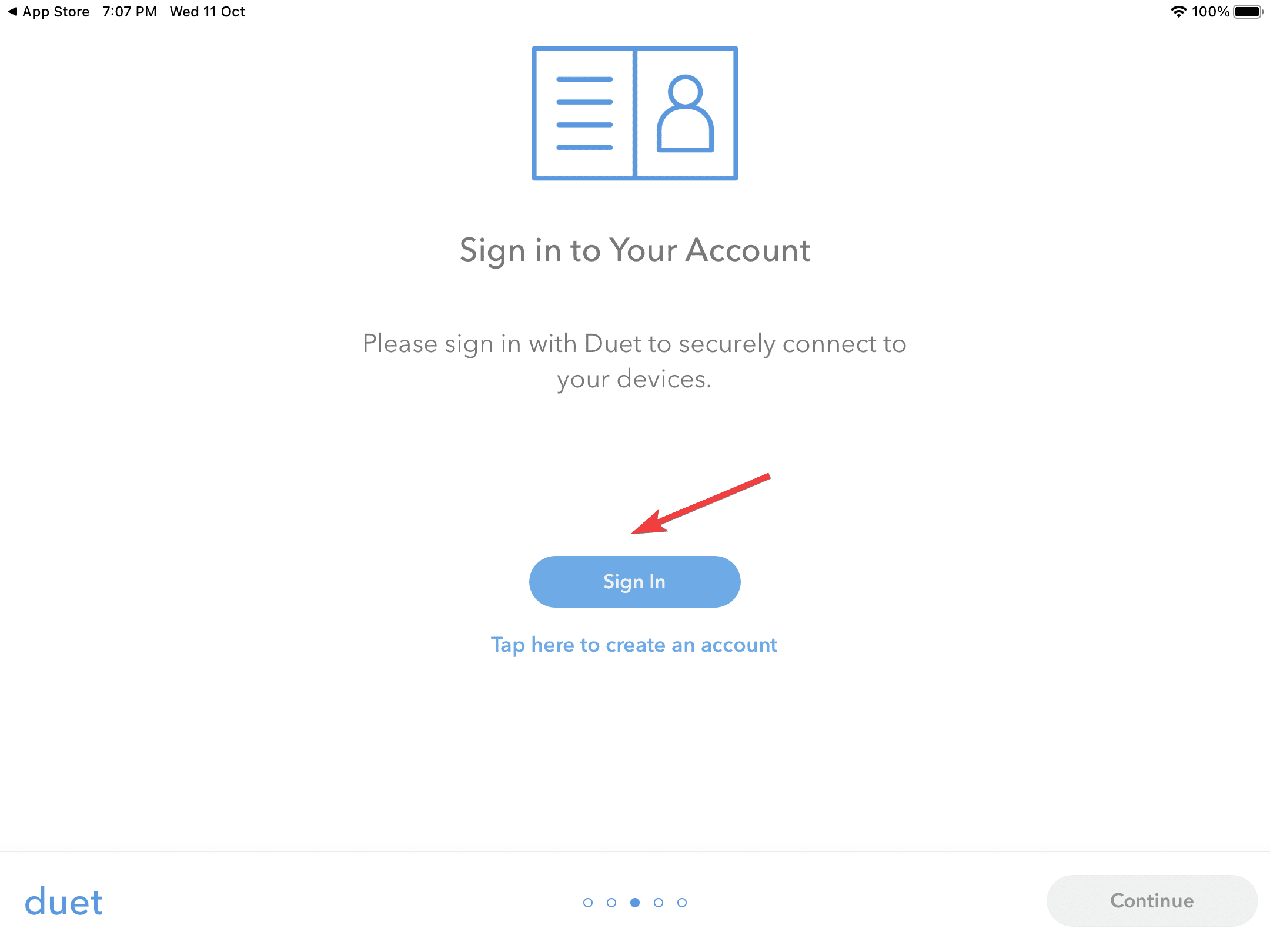 Экран входа Duet Display на планшете