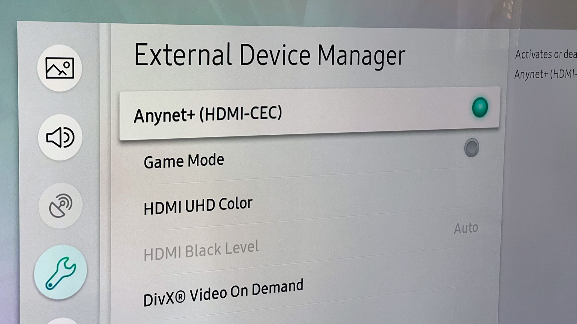 Скриншот меню HDMI-CEC на телевизоре Samsung.
