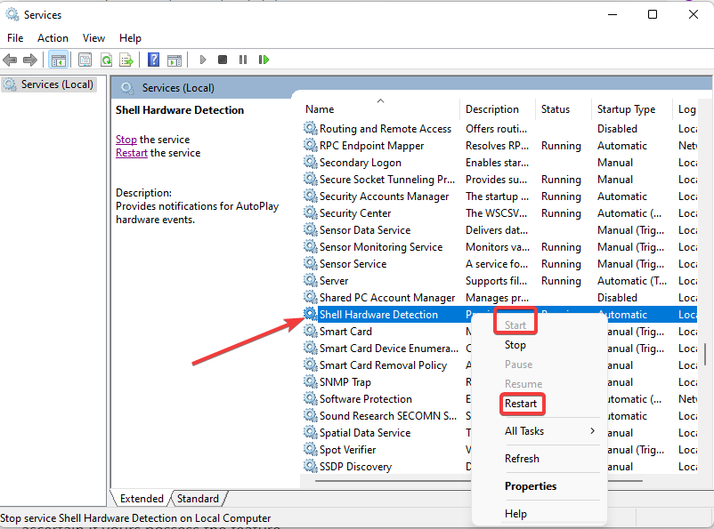 Окно служб: Shell Hardware Detection