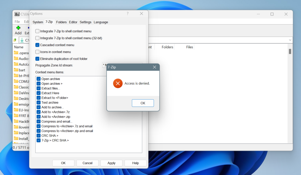 integrate 7zip to shell context menu access denied