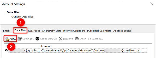 Откройте «Файлы данных» и нажмите «Добавить».