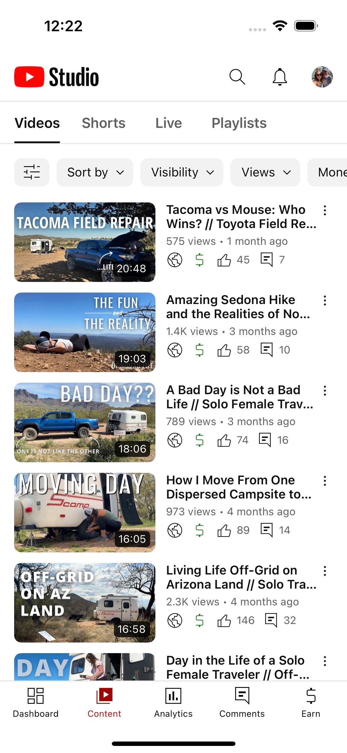 Окно YouTube Studio с разделом Контент