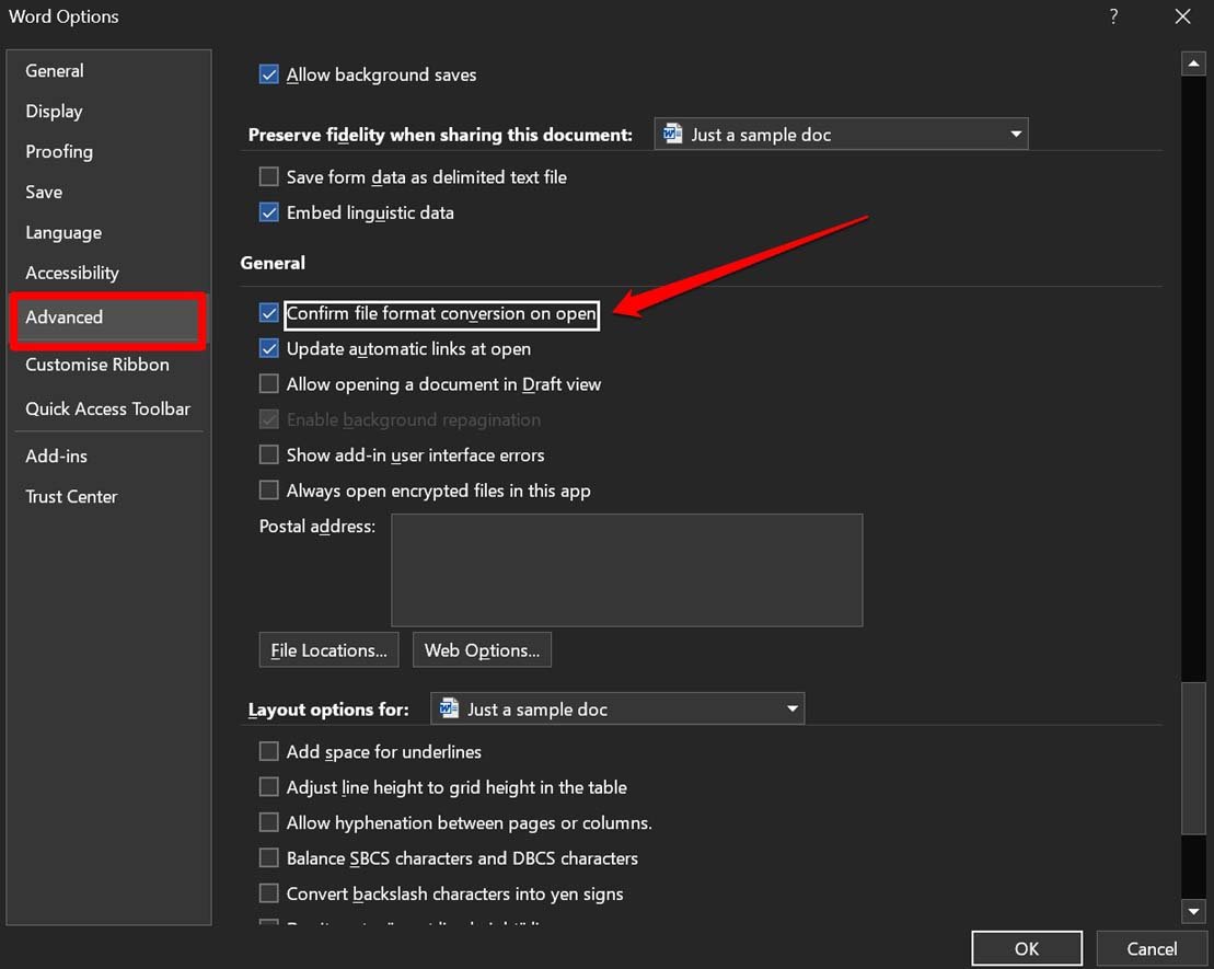 Параметр подтверждения преобразования формата при открытии файла