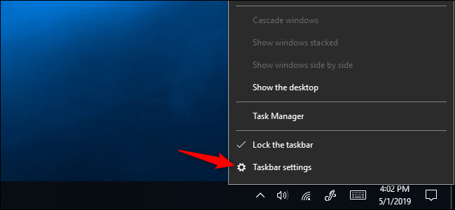 Пункт контекстного меню Параметры панели задач в Windows 10