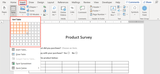 Меню 'Таблица' на вкладке Вставка в Word — выбор размера таблицы.