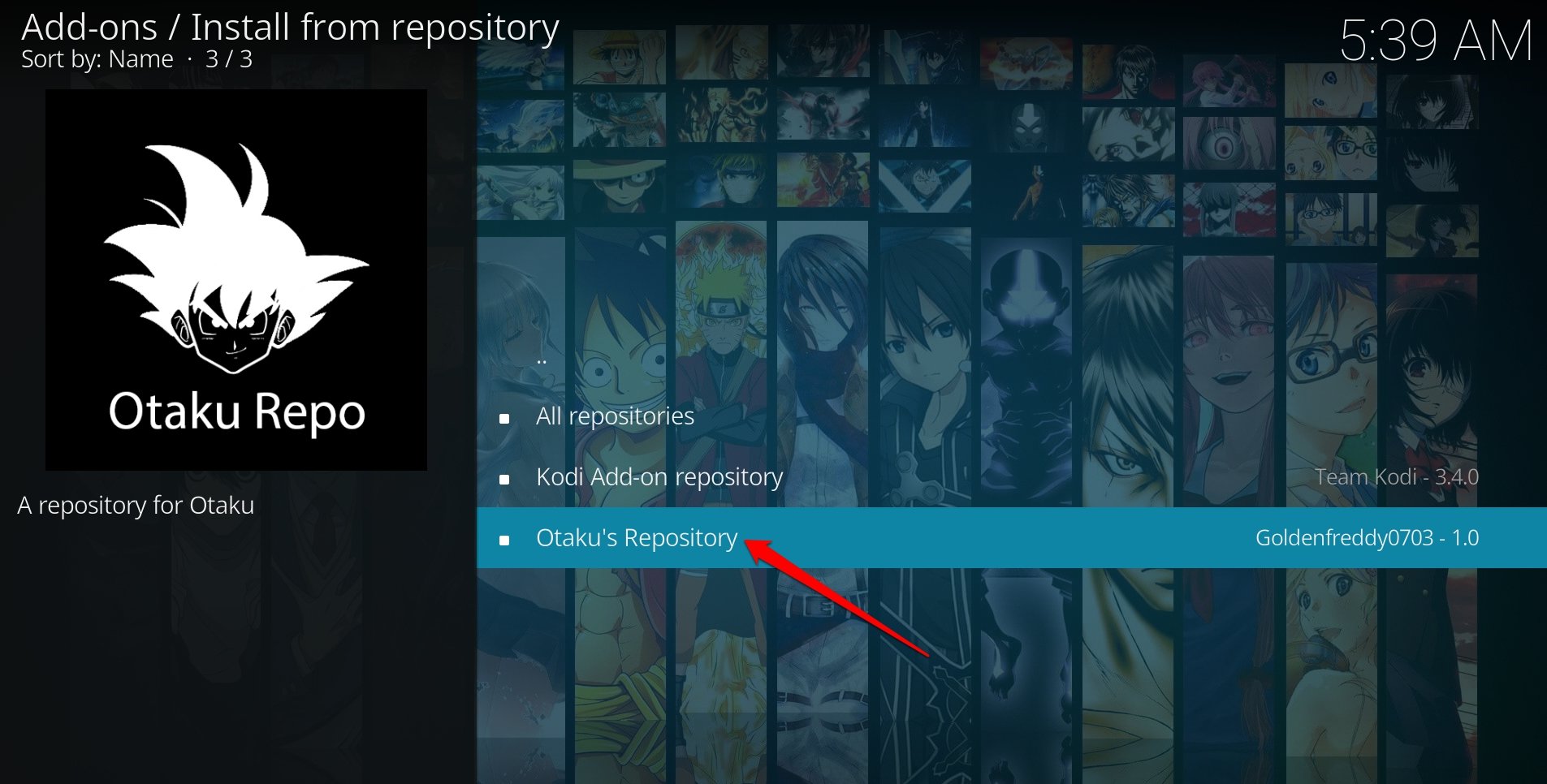 Экран: репозиторий Otaku в Kodi
