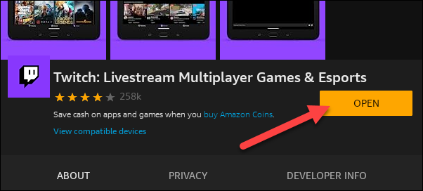 'Кнопка «Открыть» в Amazon Appstore