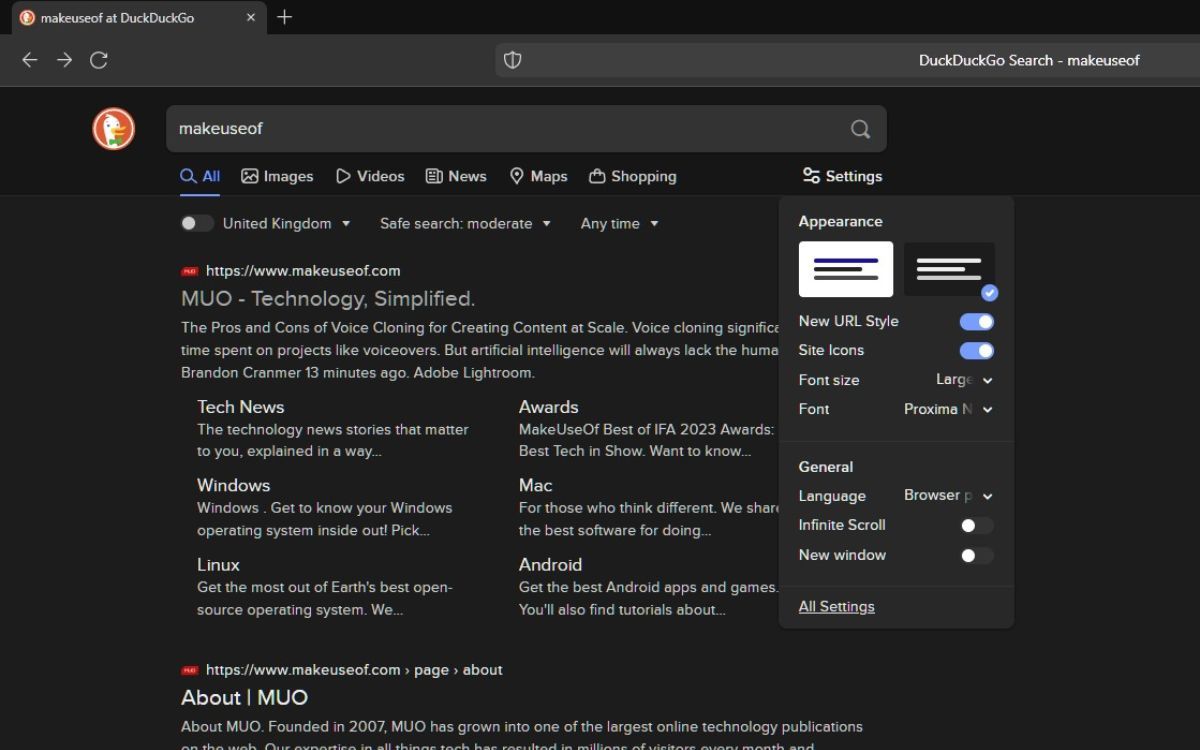Выпадающее меню настроек DuckDuckGo с выделенным пунктом All Settings
