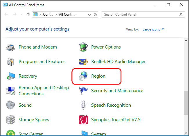 Откройте окно «Регион» в Панели управления.