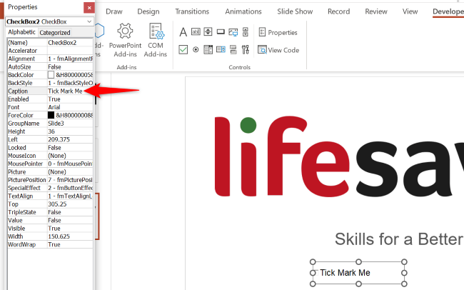 Введите текст чекбокса в поле Caption и нажмите Enter.