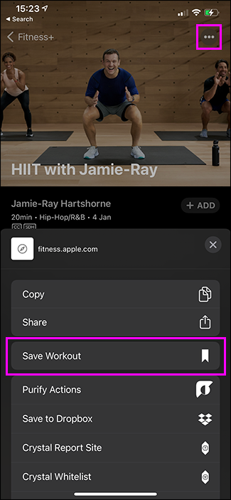 метод через меню с тремя точками для сохранения тренировки