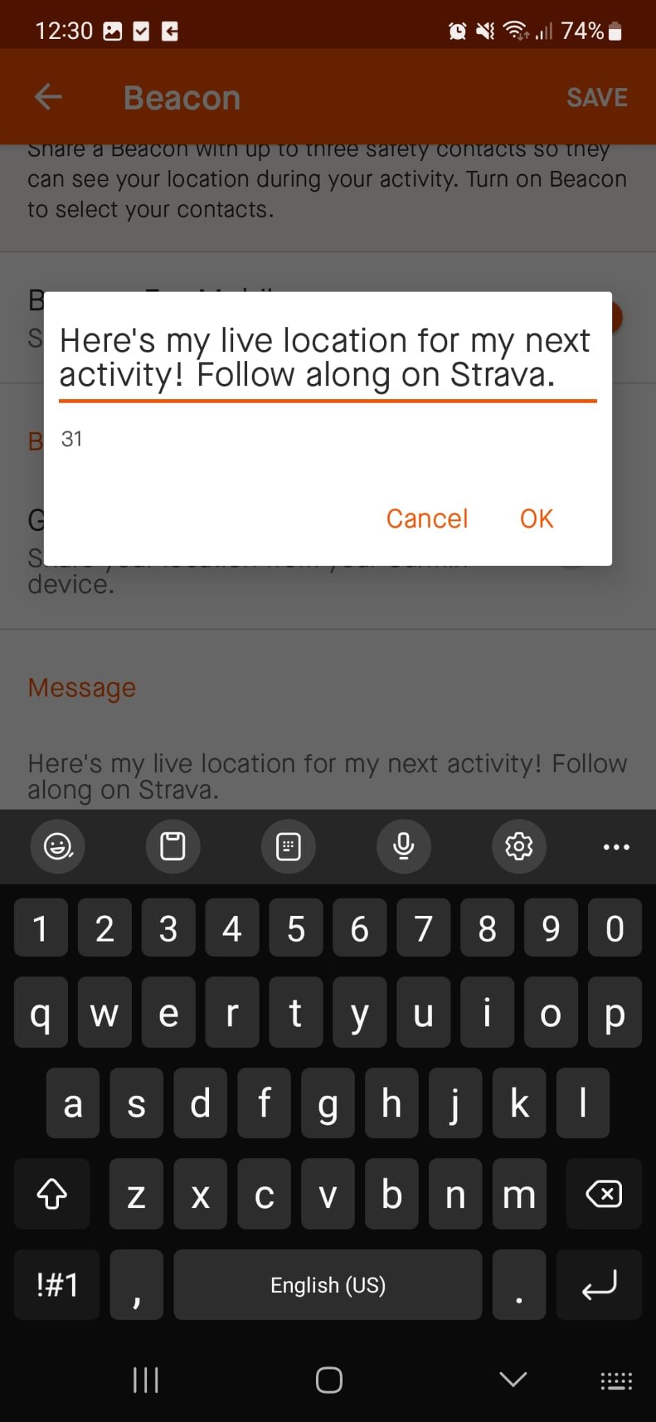 Отредактируйте сообщение Beacon в Strava